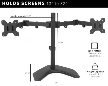 Constructed of high-grade steel, this dual monitor desk stand was built to resist scratches and support two 13" to 32" LCD screens weighing up to 22 pounds each.