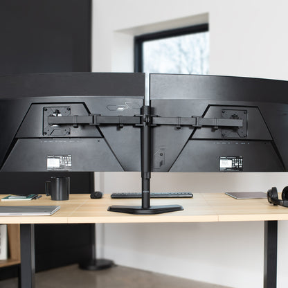 Constructed of high-grade steel, this dual monitor desk stand was built to resist scratches and support two 13" to 32" LCD screens weighing up to 22 pounds each.