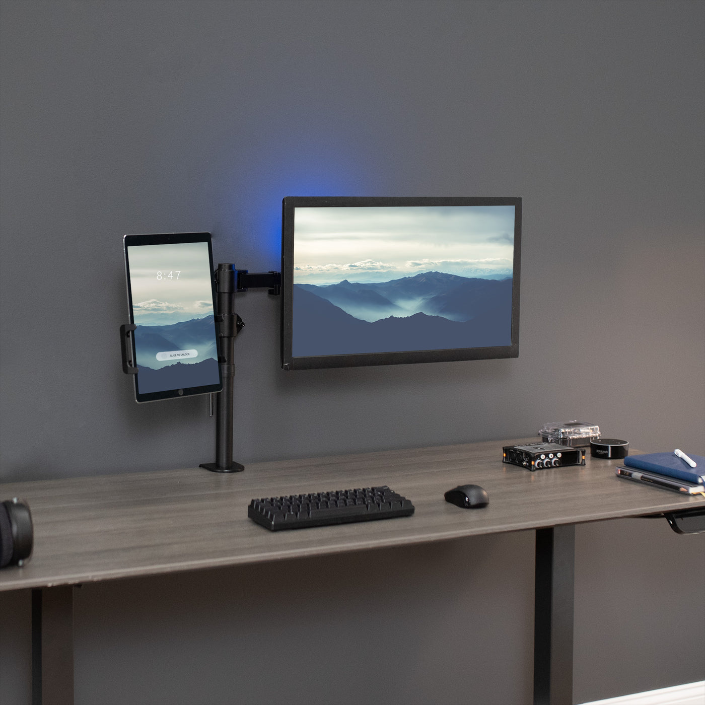 Sturdy single monitor and tablet desk mount.