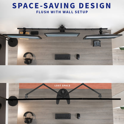 Sturdy flush to wall space efficient height adjustable triple monitor desk mount.