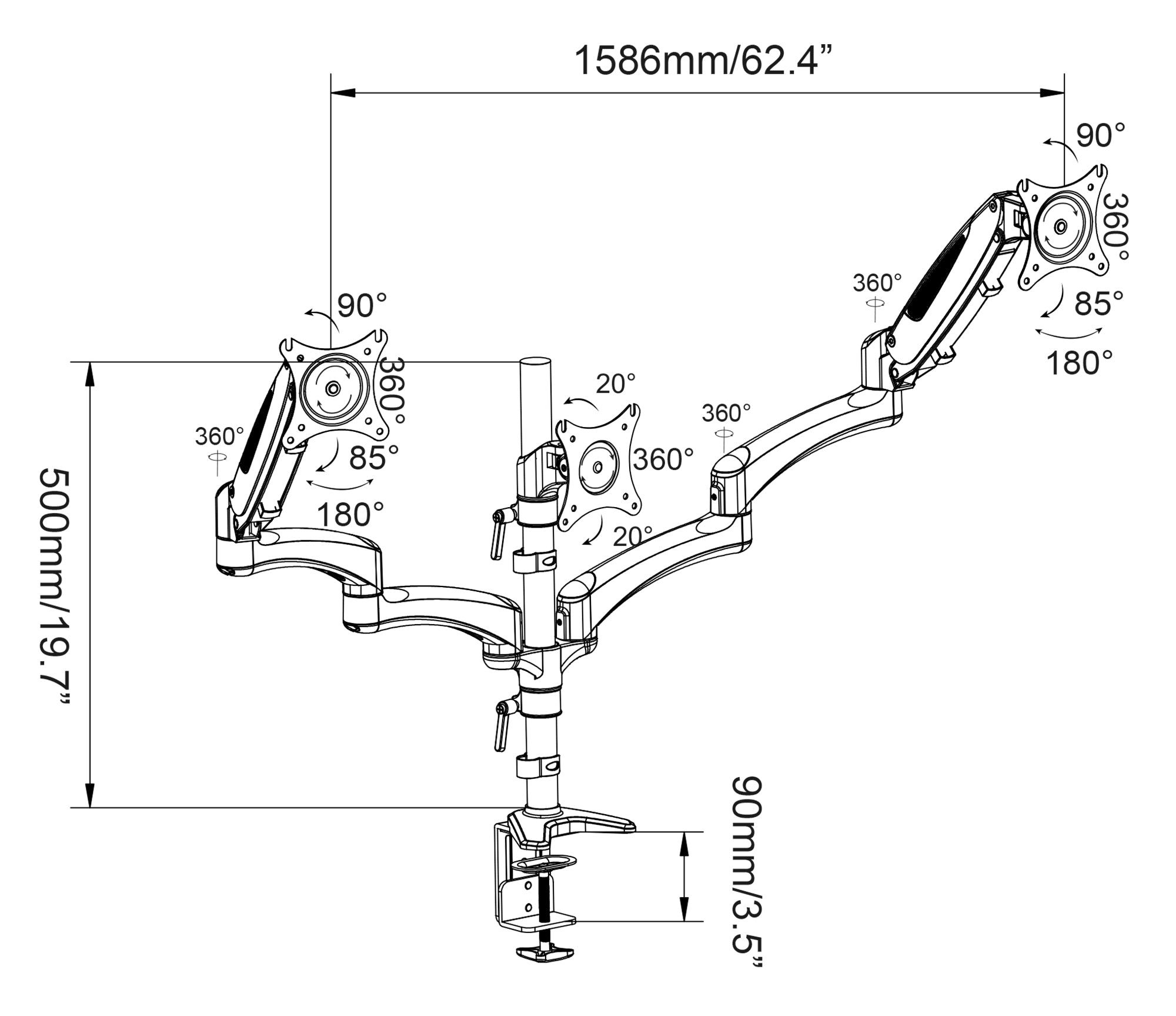 Triple monitor sturdy desk mount attachment with adjustable pneumatic arms and integrated cord management.