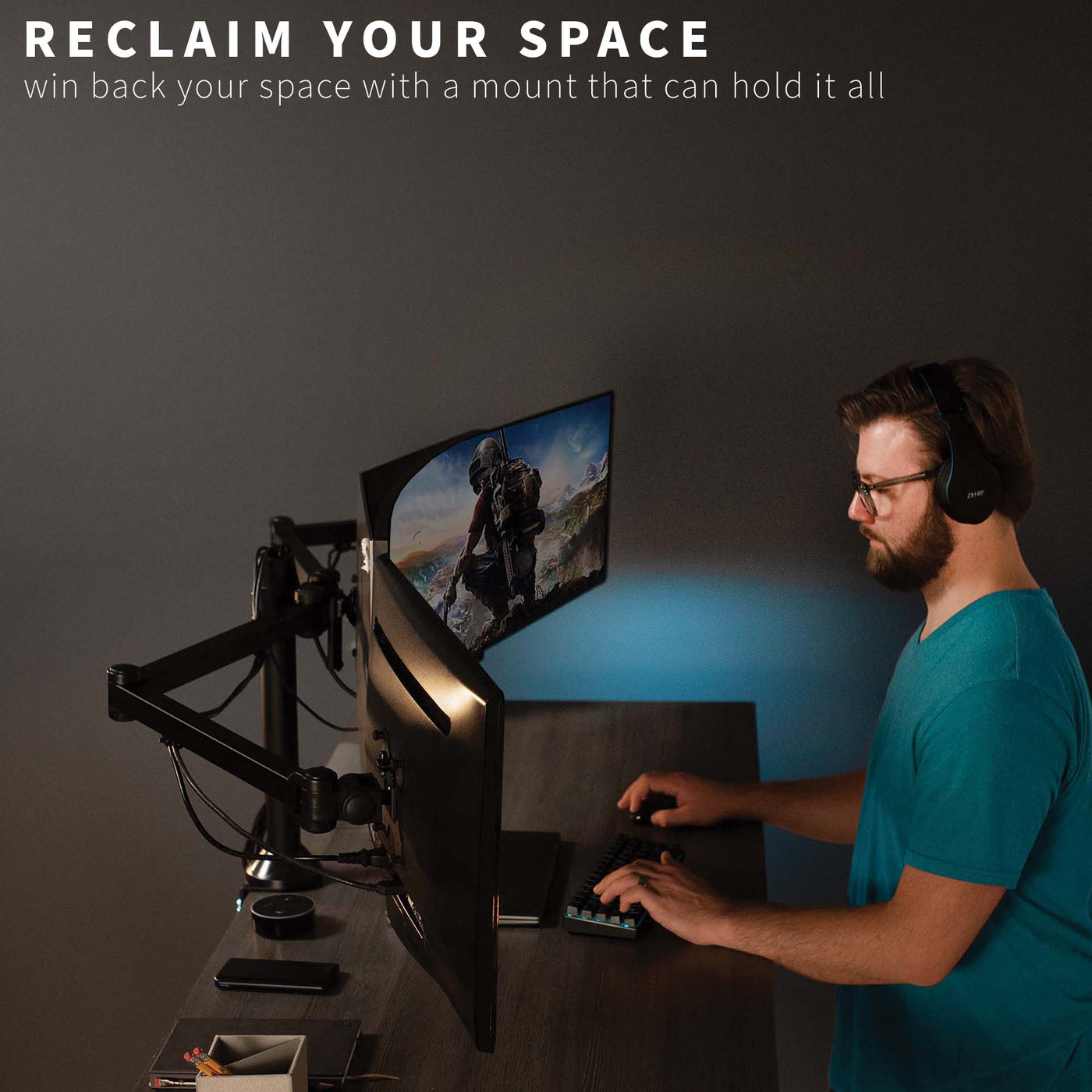 Space saving height adjustable triple monitor desk mount.