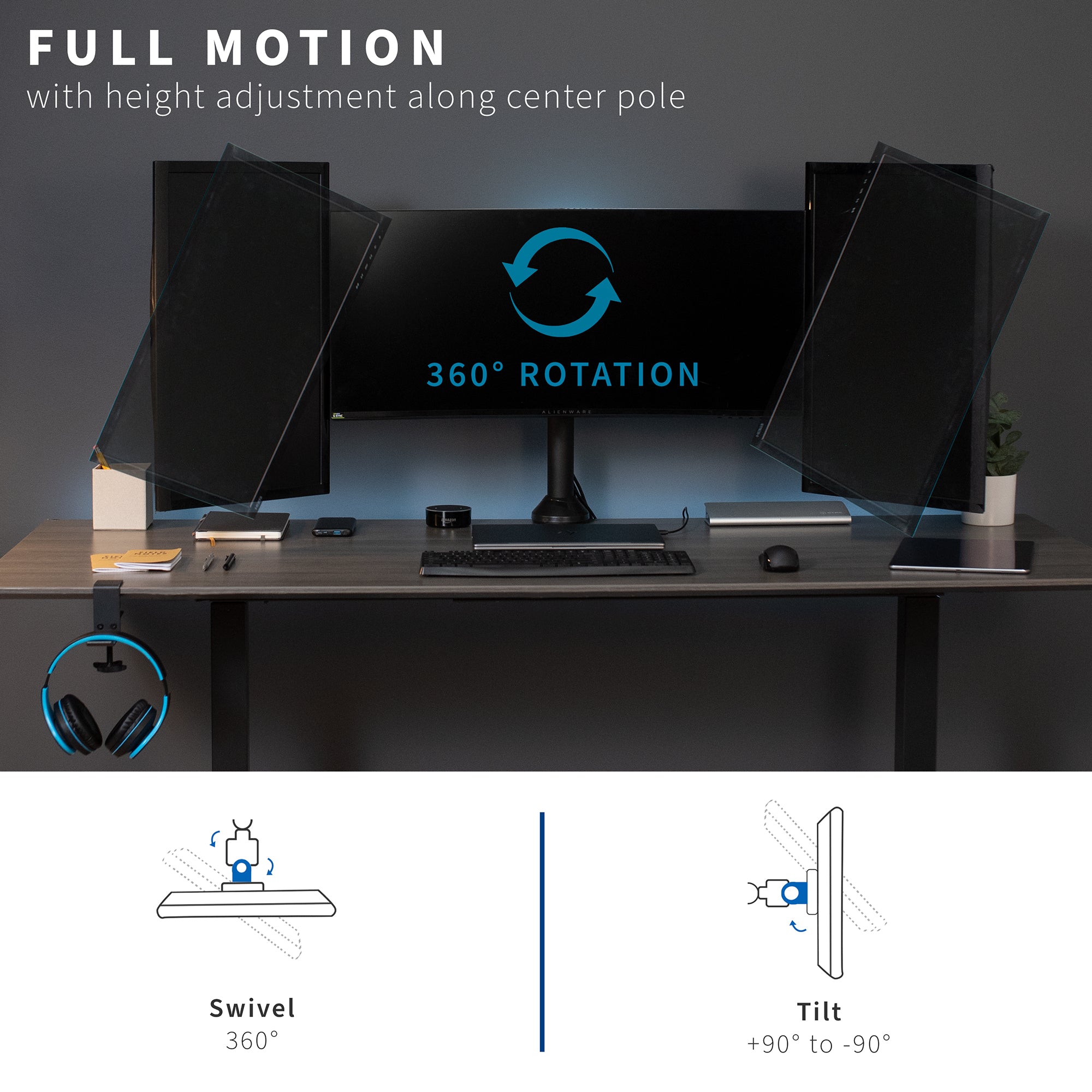 Sturdy height adjustable triple monitor desk mount.