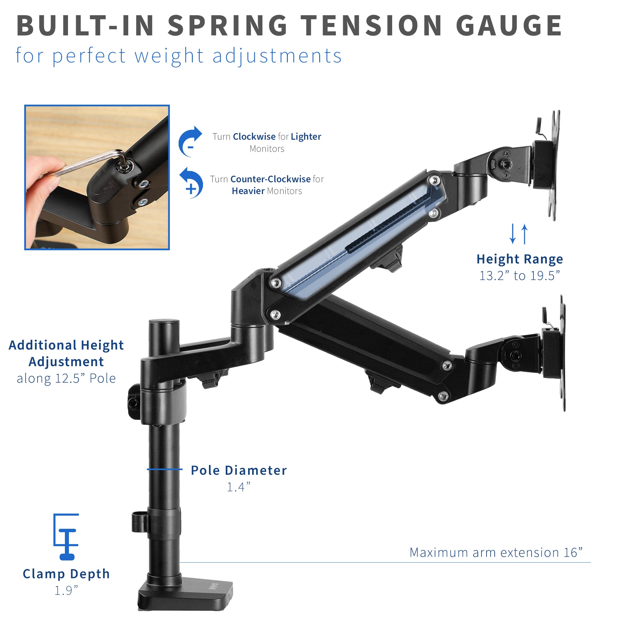 Pneumatic Arm Dual Monitor Desk Mount with Height Adjust