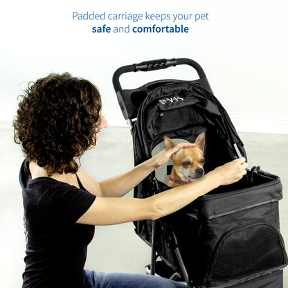 girl petting  dog in Black Three Wheel Pet Stroller