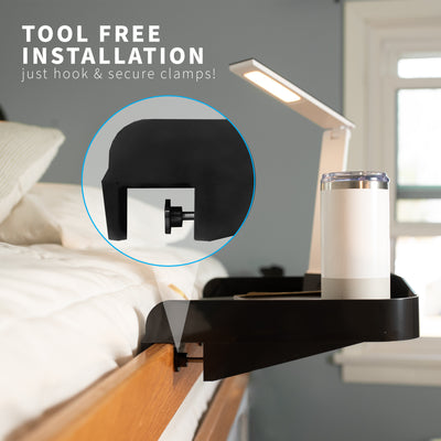 Attachable bedside shelf nightstand tray for storage and organizing with easy installation.